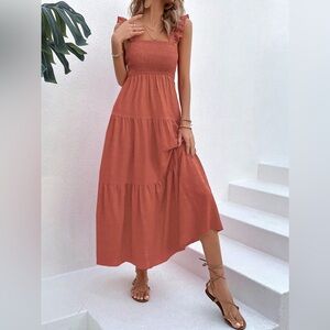Shirred bust square neckline tank strap tiered boho maxi dress rust
